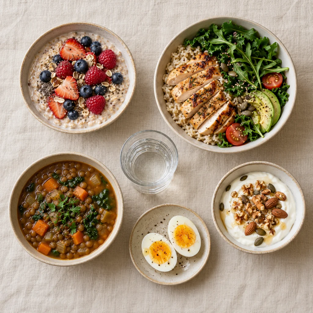 Overhead flat lay of one day of high-protein winter meals on a cream linen table: overnight oats with berries, a rice bowl with grilled chicken and greens, a bowl of lentil soup, Greek yoghurt with nuts, two boiled eggs and a glass of water