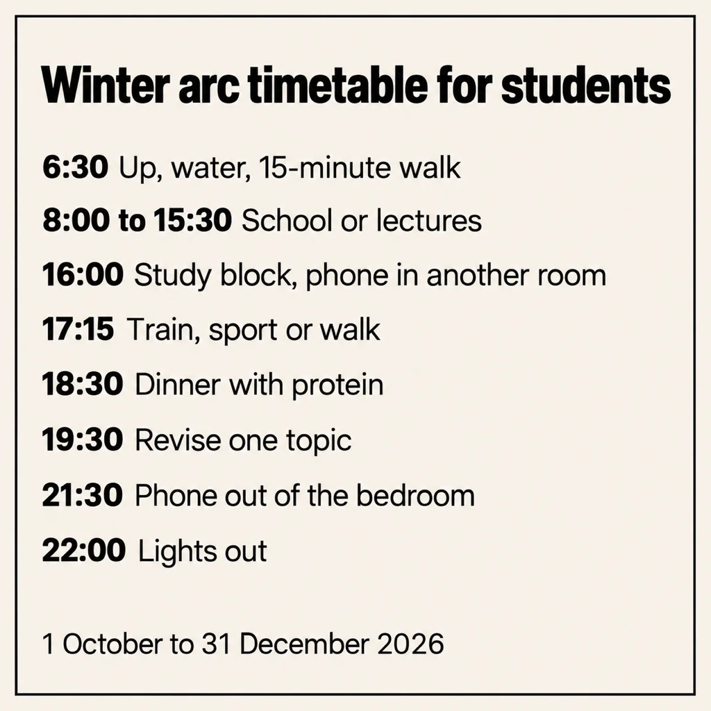 Card titled Winter arc timetable for students: 6:30 up, water, 15 minute walk; 8:00 to 15:30 school or lectures; 16:00 study block, phone in another room; 17:15 train, sport or walk; 18:30 dinner with protein; 19:30 revise one topic; 21:30 phone out of the bedroom; 22:00 lights out
