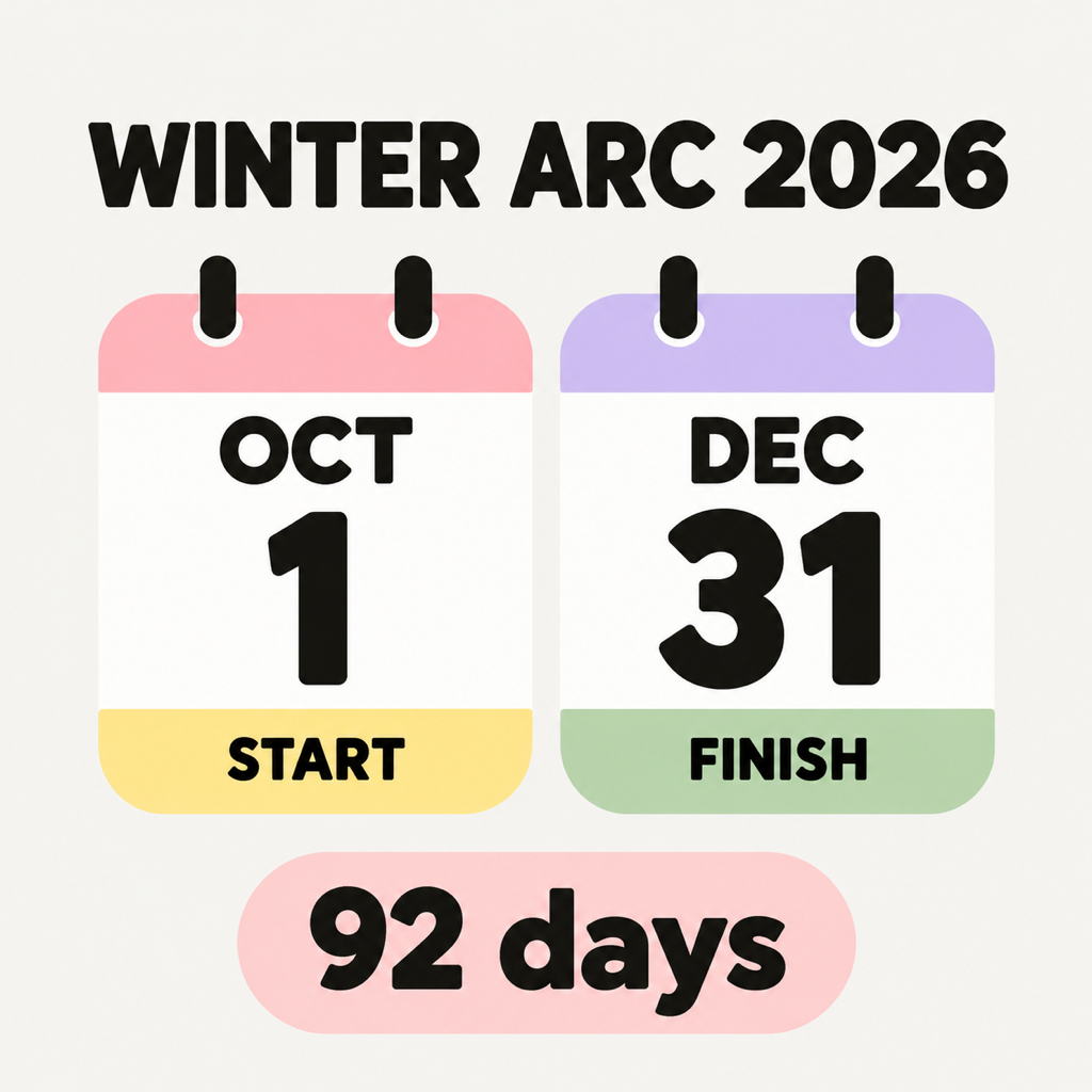 Calendar card showing winter arc 2026 starting October 1 and finishing December 31, a span of 92 days