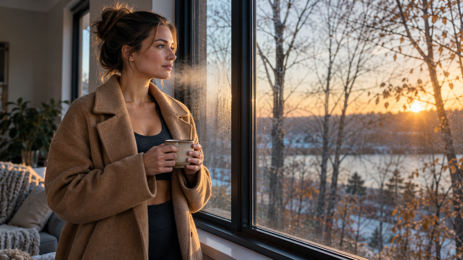 A young woman in a camel coat holding a mug at a window on a cold October morning, bare trees and low sun outside