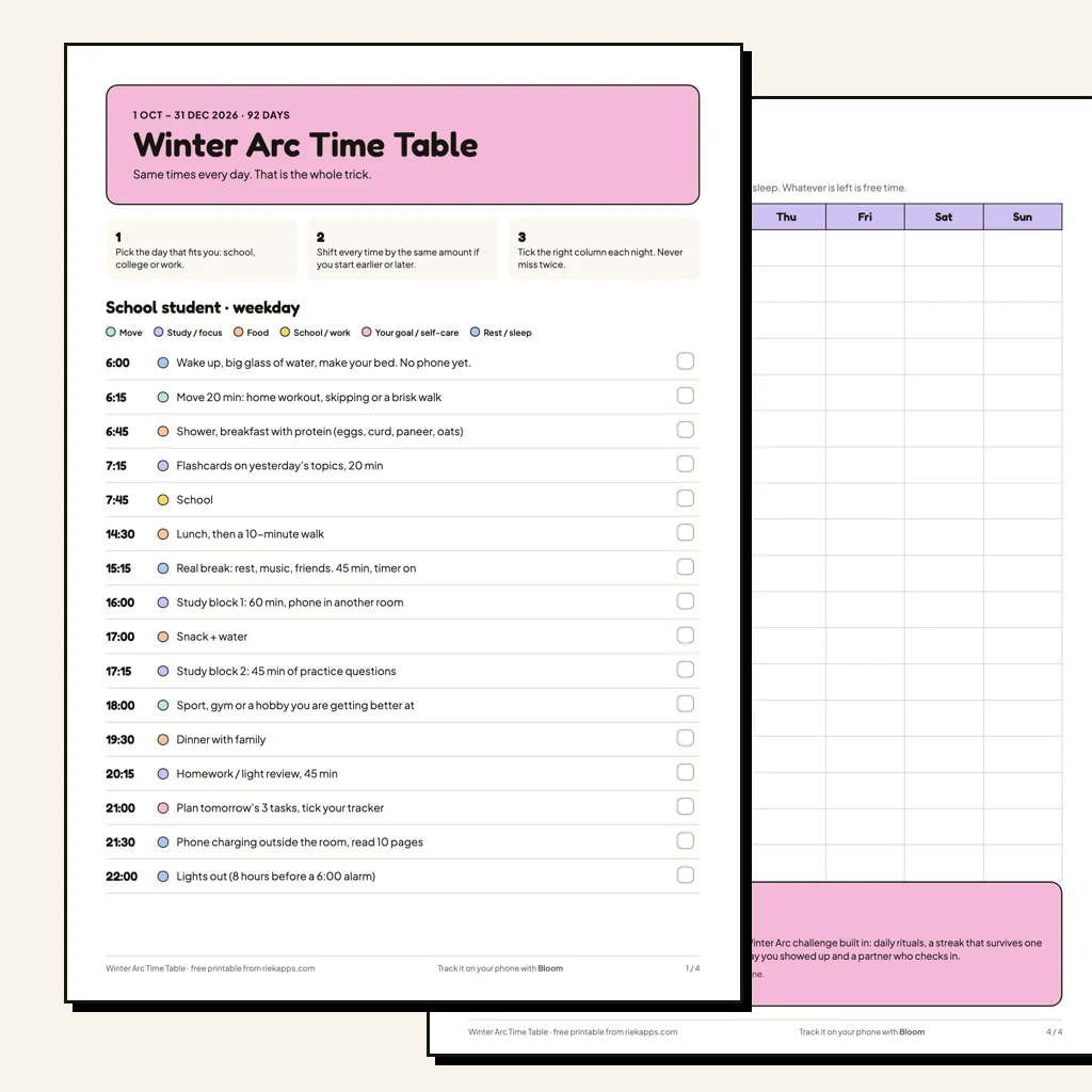 Two pages of the free winter arc time table PDF: page 1 with an hour-by-hour school student weekday from 6:00 to 22:00 with colour-coded blocks and tick boxes, and page 4 with a blank Monday to Sunday weekly grid and a Bloom QR code