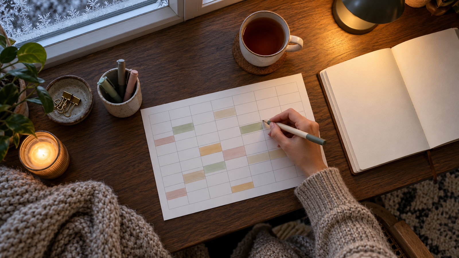 Top-down view of a study desk on a dark winter morning: a printed weekly timetable with coloured blocks, a hand in a knitted sleeve writing on it, a mug of tea, an open notebook and a candle