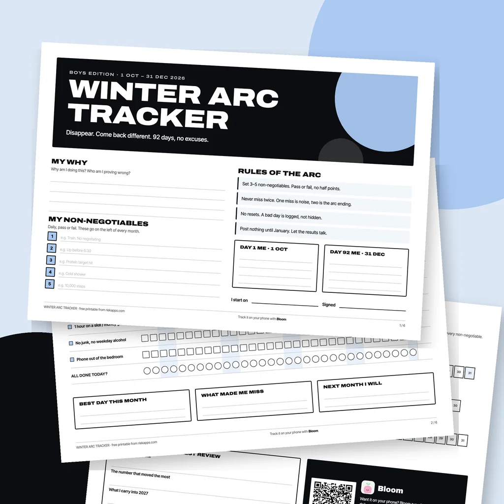 Three pages of the free boys winter arc tracker PDF fanned out on an ice blue background: the black WINTER ARC TRACKER cover page with my why, non-negotiables and rules of the arc, the October habit grid with square boxes, and the 92-day streak page