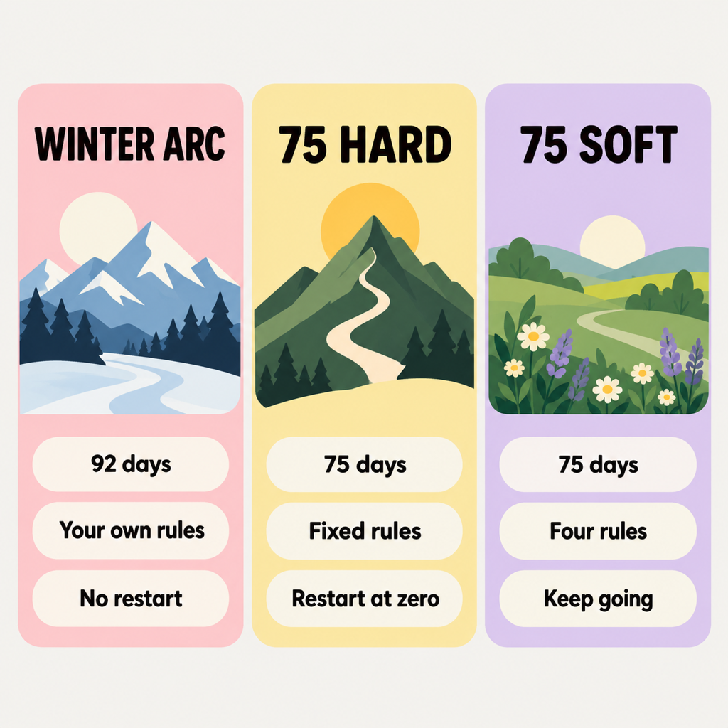 Three column comparison card: winter arc 92 days with your own rules and no restart, 75 Hard 75 days with fixed rules and restart at zero, 75 Soft 75 days with four rules and keep going