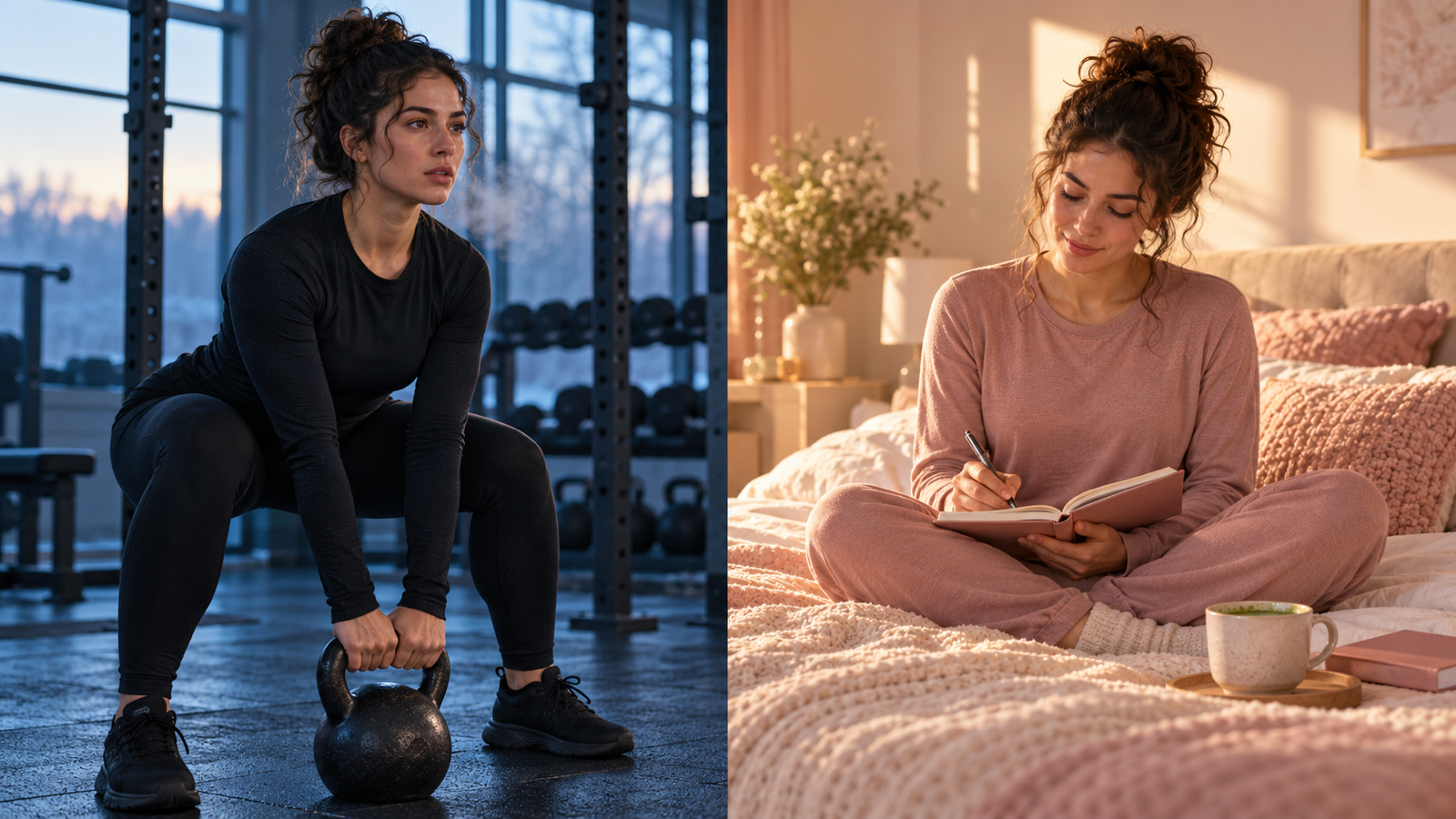A split image of the same young woman: training hard in a cold blue gym on the left, relaxed with a journal in a warm sunlit bedroom on the right