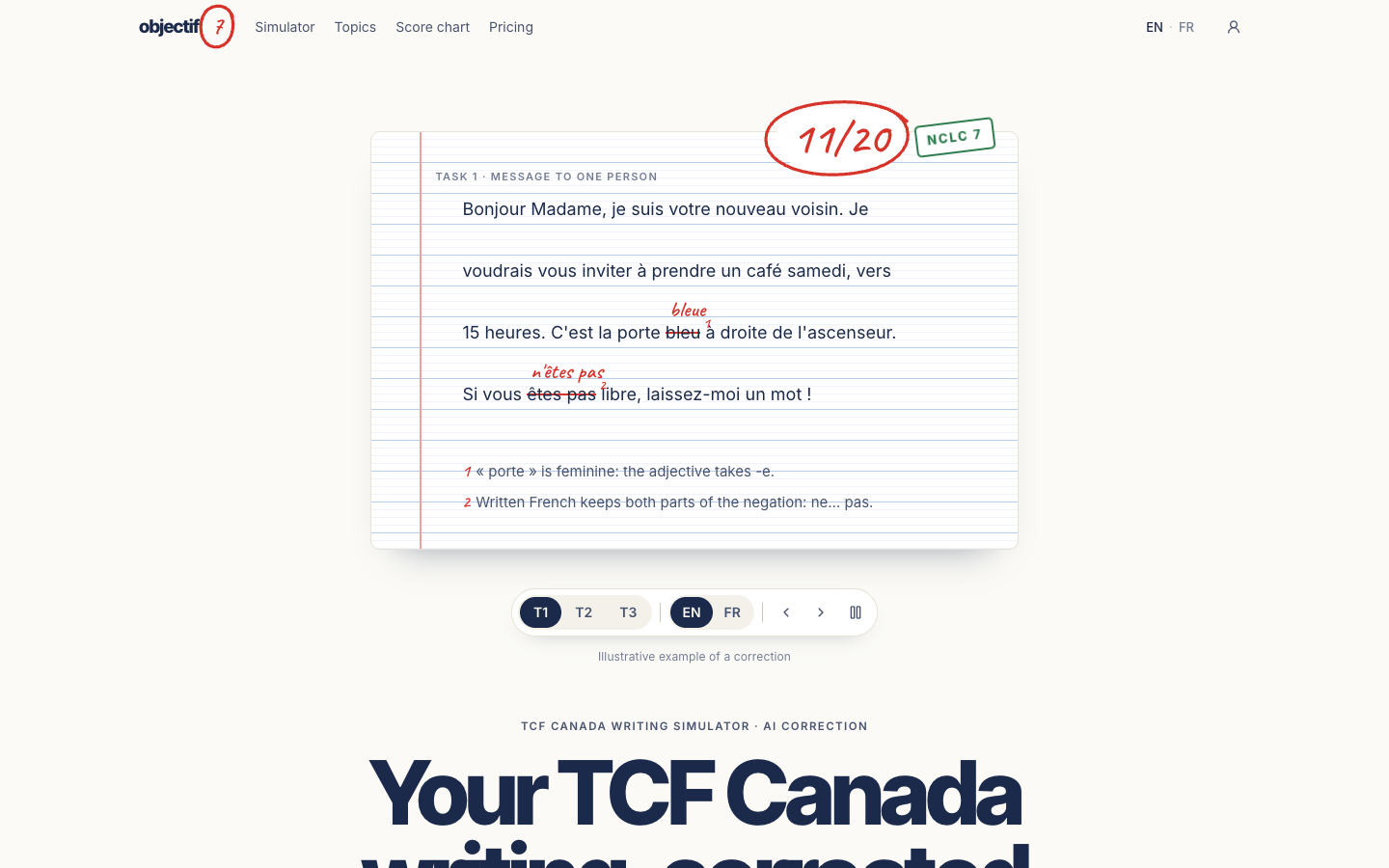 Objectif 7 · TCF Canada writing coach screenshot 1