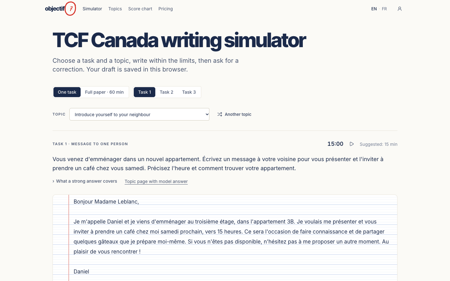 Objectif 7 · TCF Canada writing coach screenshot 2